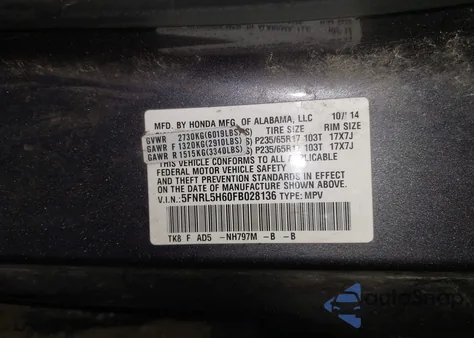 2015 Honda Odyssey Ex-L z USA, uszkodzony, nr VIN 5FNRL5H60FB028136